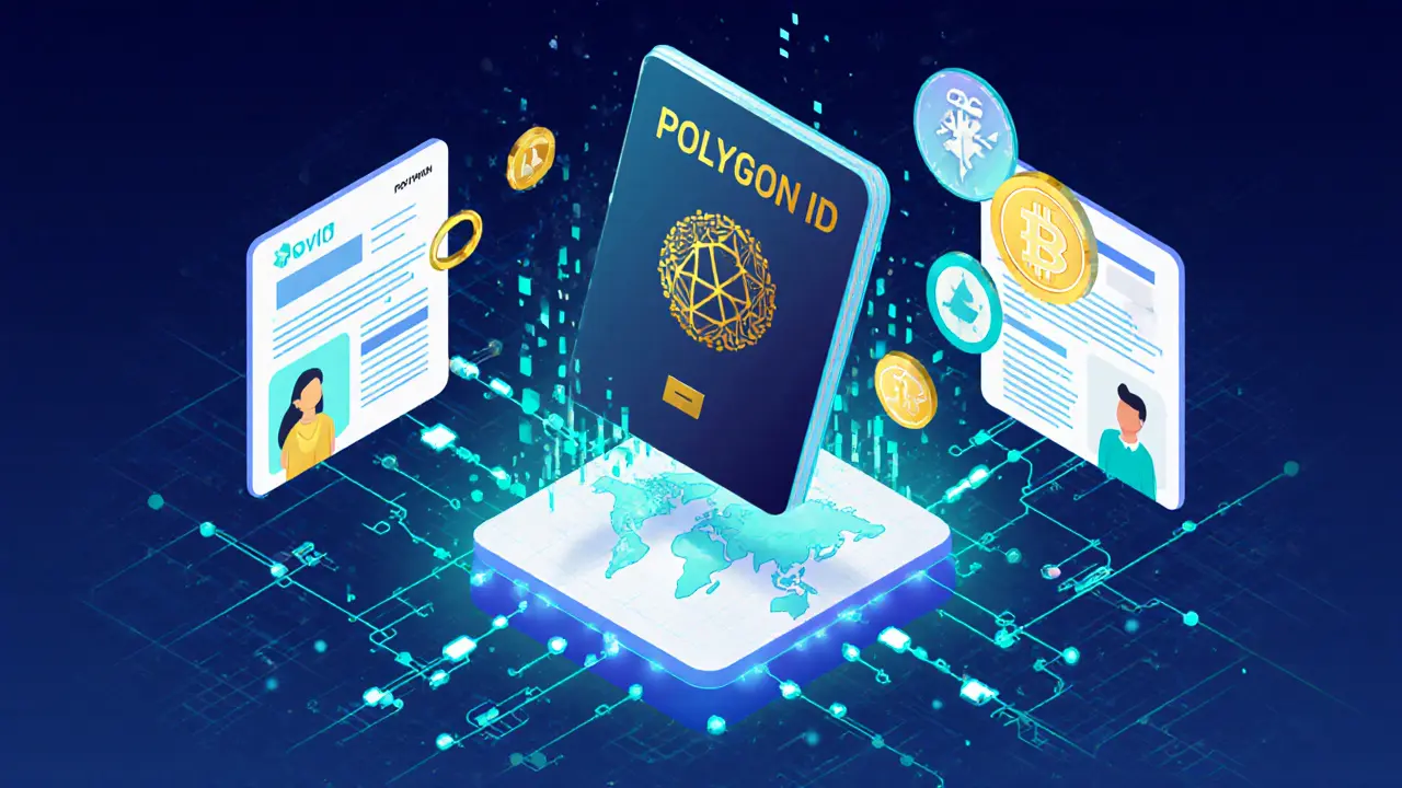 Futuristic digital passport on blockchain network enabling shared identity verification globally.