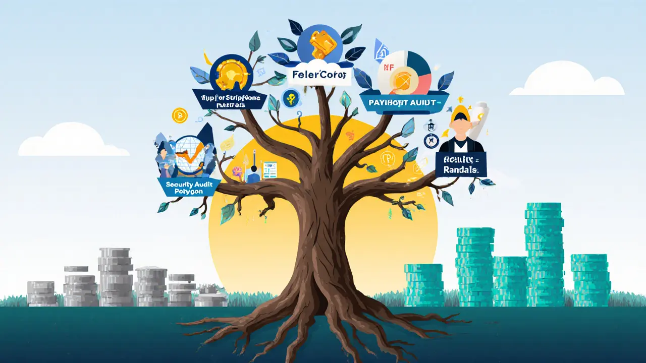 Growth tree of a successful NFT platform with key support elements as roots and branches