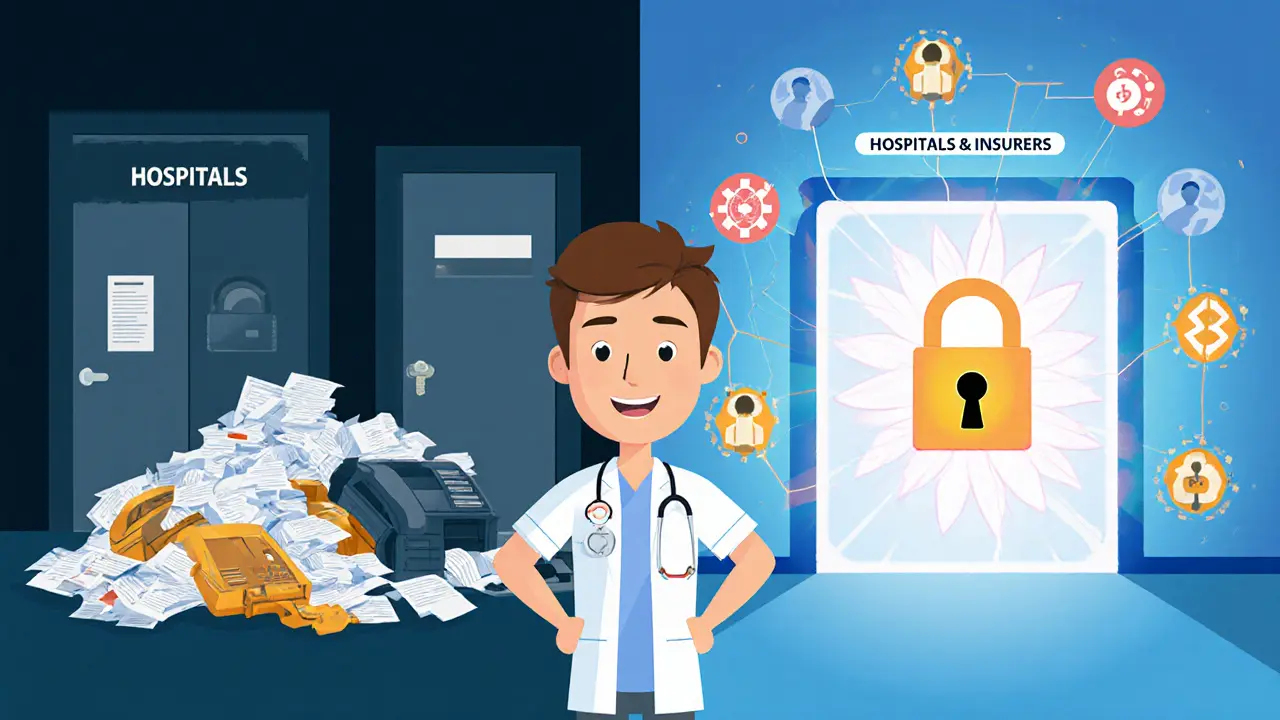 Patient stands between chaotic paper records and a clean digital health portal with blockchain access.