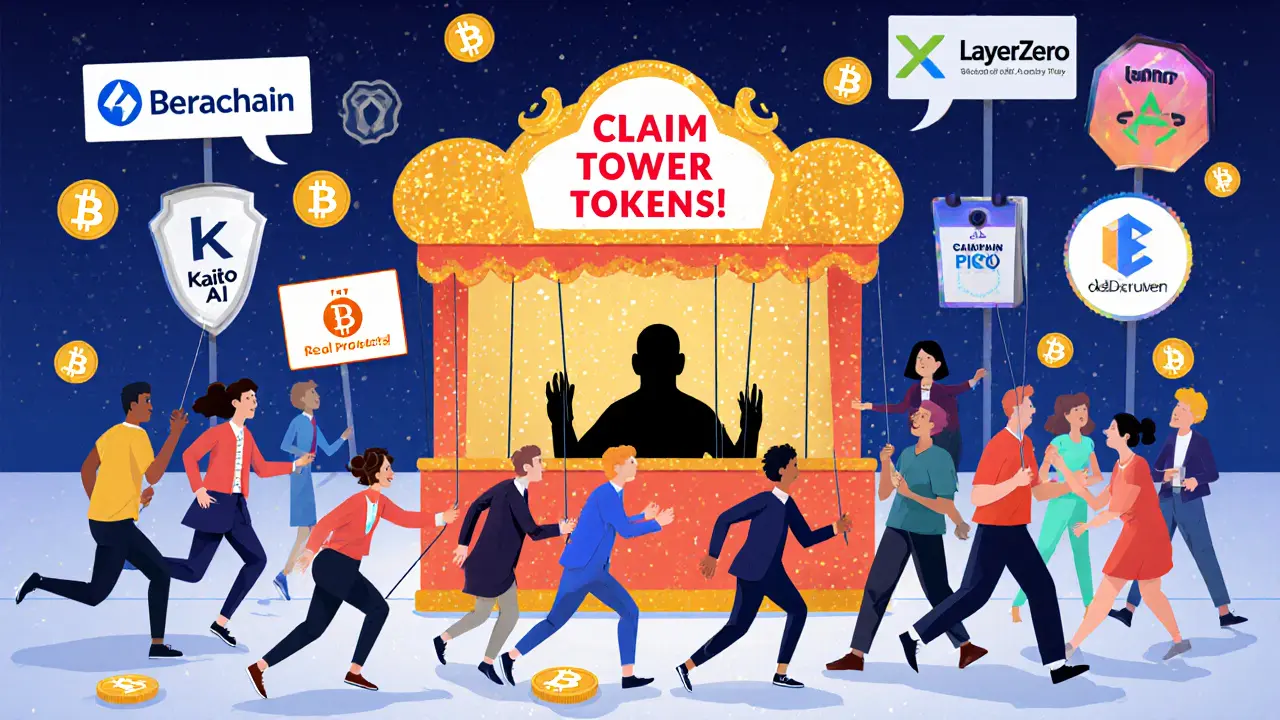 People rushing toward a fake TOWER token booth while real crypto projects are clearly marked and trusted nearby.