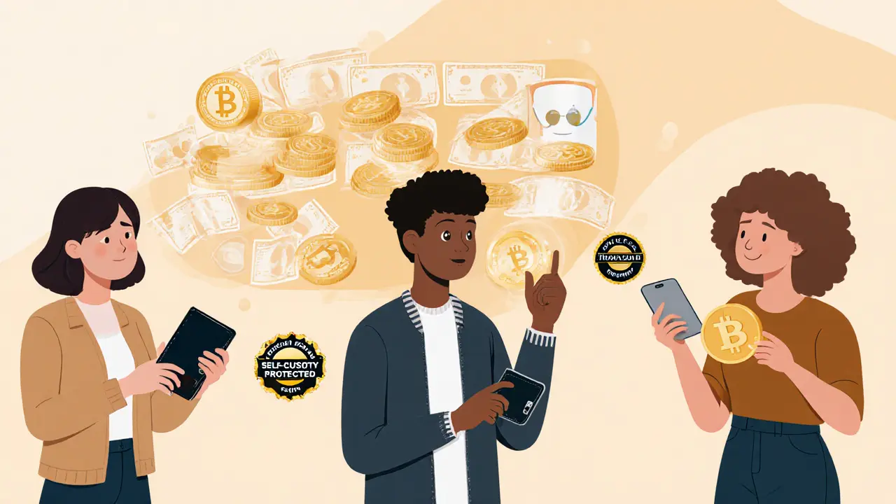 People using stablecoins in daily transactions with secure reserve assets shown behind them.