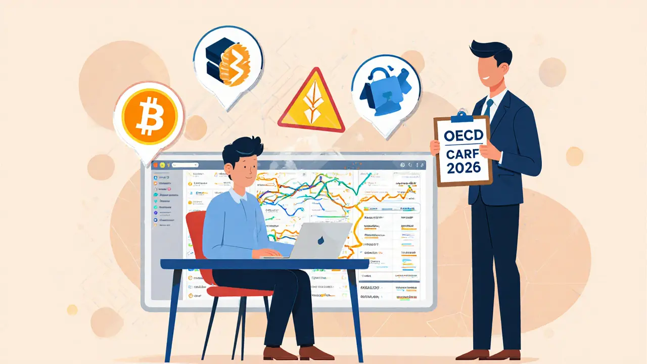 Person reviewing crypto transactions as a tax agent explains CARF requirements with platform logos nearby.