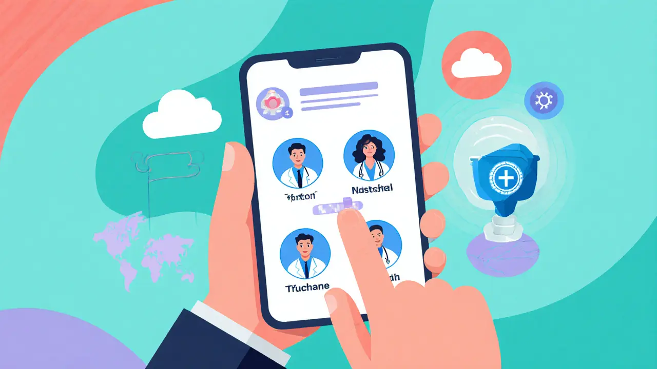 Person uses a phone app to share medical records with three doctors across the world via blockchain.