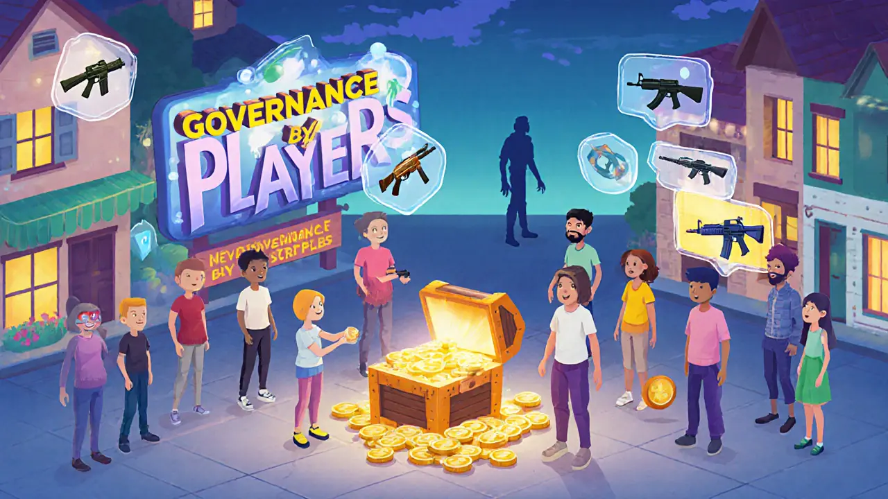 Players in a digital town square donating BOMB tokens and voting on game upgrades with holographic icons.