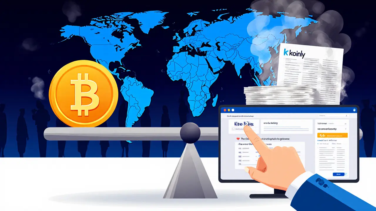 Scale balancing crypto assets against tax documents, with globe showing participating countries and tax software visible.
