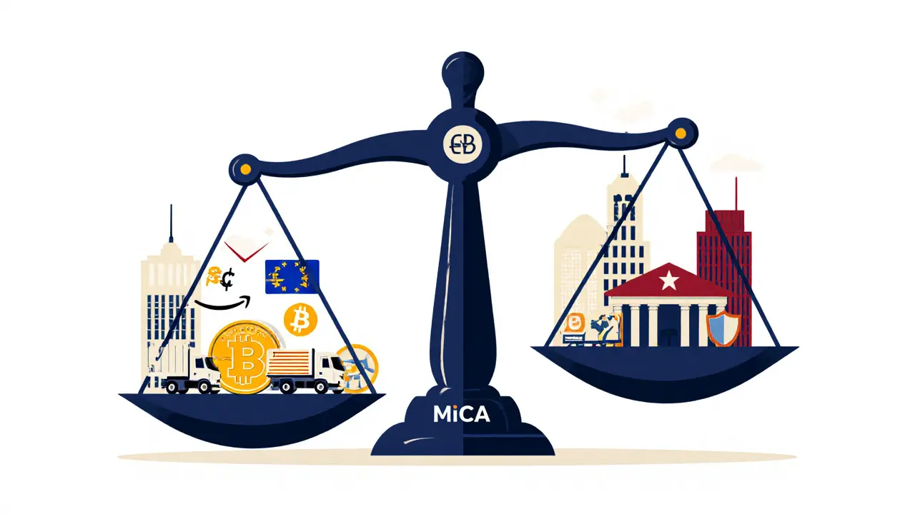 Scale balancing U.S. crypto speed vs. EU safety, with MiCA gavel tipping toward euro stablecoins and banks.