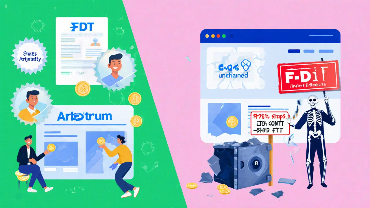 Split illustration: real airdrops on left with trust symbols, FDT scam on right with hidden supply and skeleton.