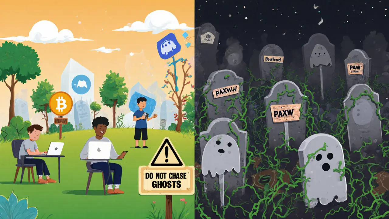 Split scene: active crypto community vs. graveyard of dead projects labeled PAXW.