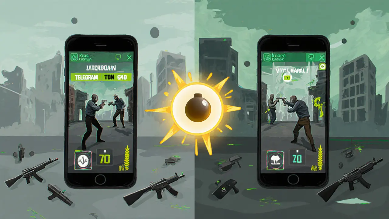 Two phones showing identical zombie-shooting games on Telegram and LINE, connected by a glowing BOMB token.