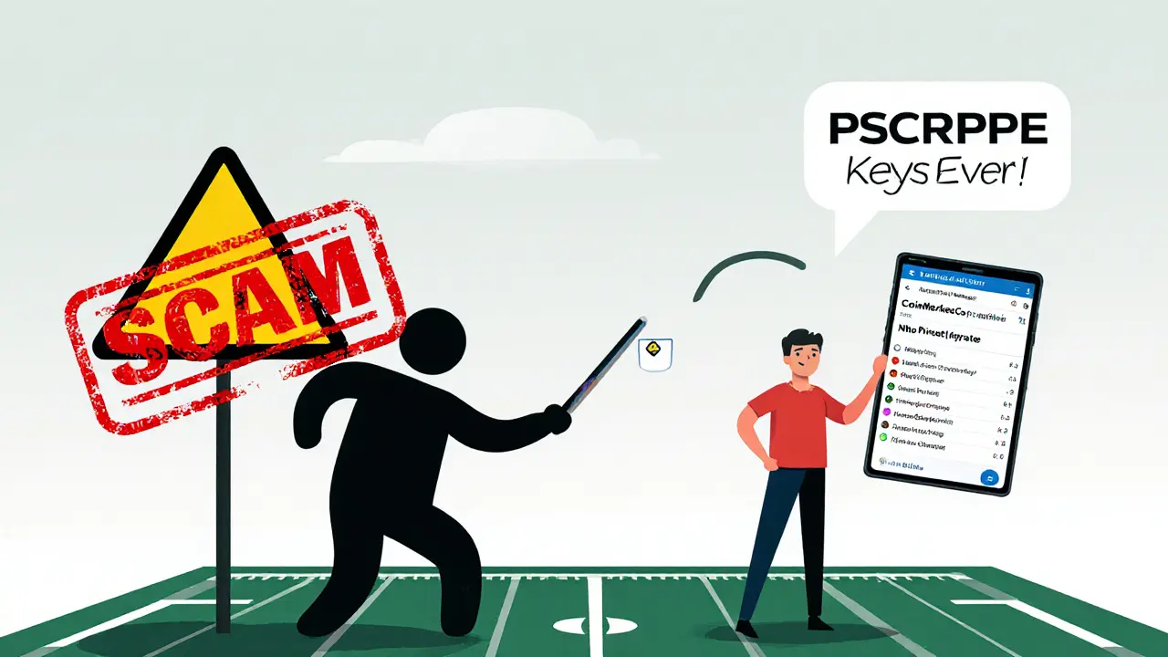 Warning sign on a football field pointing to a phishing scam, while a user checks CoinMarketCap’s official page.