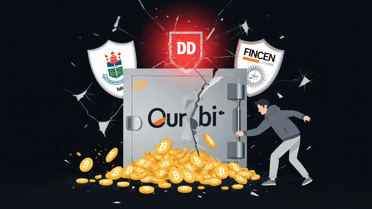 A broken vault spills coins into darkness as regulatory shields crumble above a desperate trader.