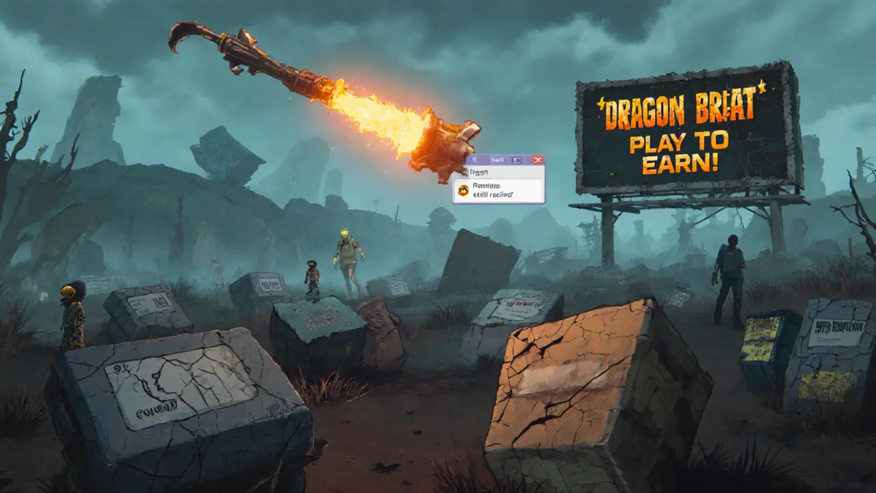 A graveyard of broken NFT weapon boxes lies in a digital wasteland, with one legendary weapon glowing above.