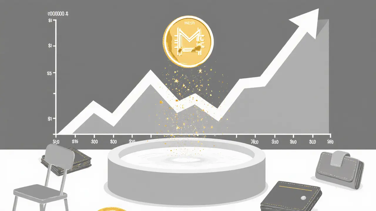 A lone MESH token fading above an empty staking pool, with a crashing price graph and abandoned wallets.