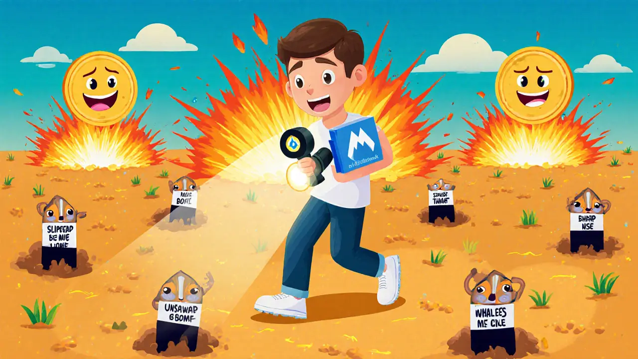 A nervous person stepping on a minefield of crypto risks while BOMI tokens explode behind them.