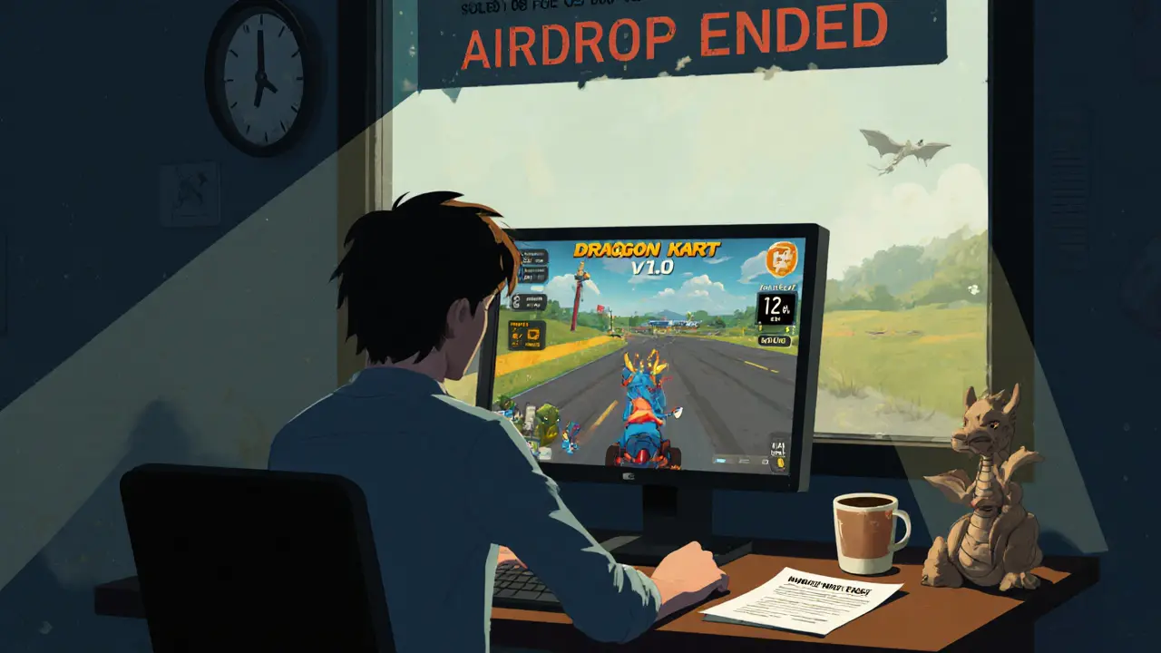 A solitary player stares at a nearly empty Dragon Kart game interface with a timestamp marking the airdrop&#039;s end.