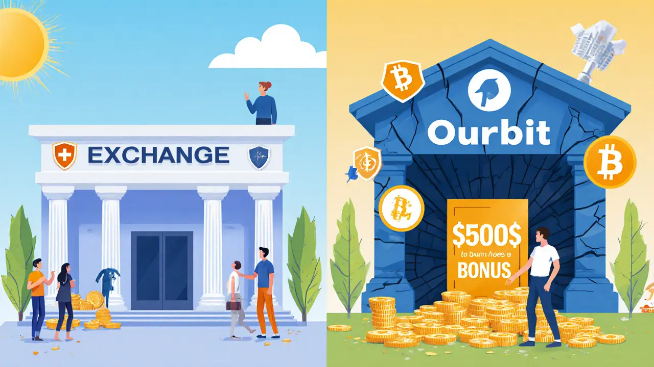 A split scene: safe exchange on left, scam platform with trapdoor on right, both in flat illustration style.
