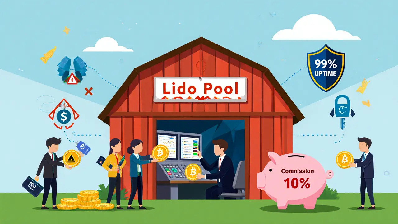 A staking pool barn where users deposit tokens and a validator manages rewards and commissions.