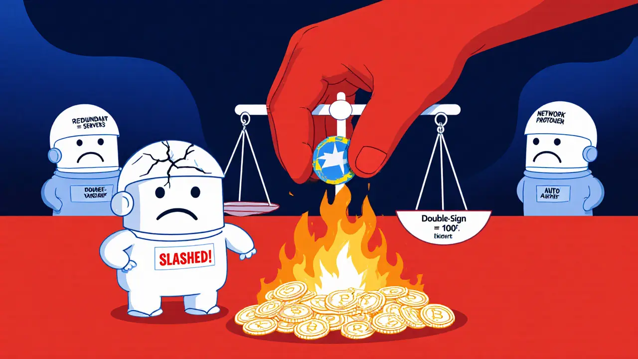 A validator being penalized by the network for double-signing, with tokens burning in the background.
