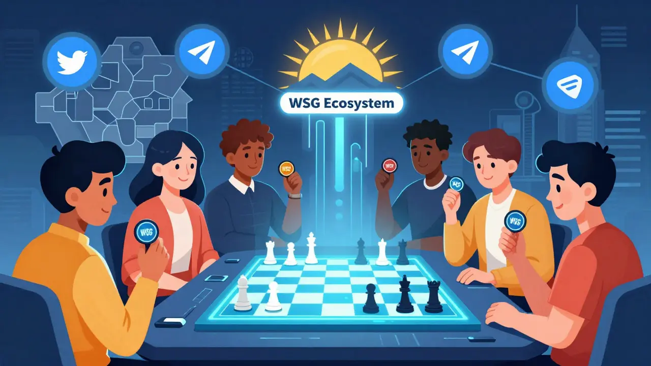 Diverse group of players engaged in a holographic chess game with community network icons glowing around them.