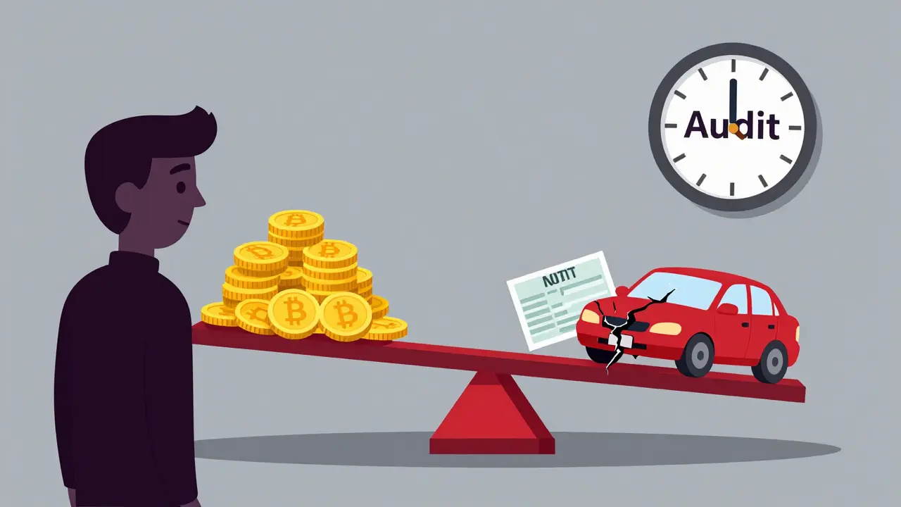 Scale balancing crypto gains against penalties, interest, and lost assets