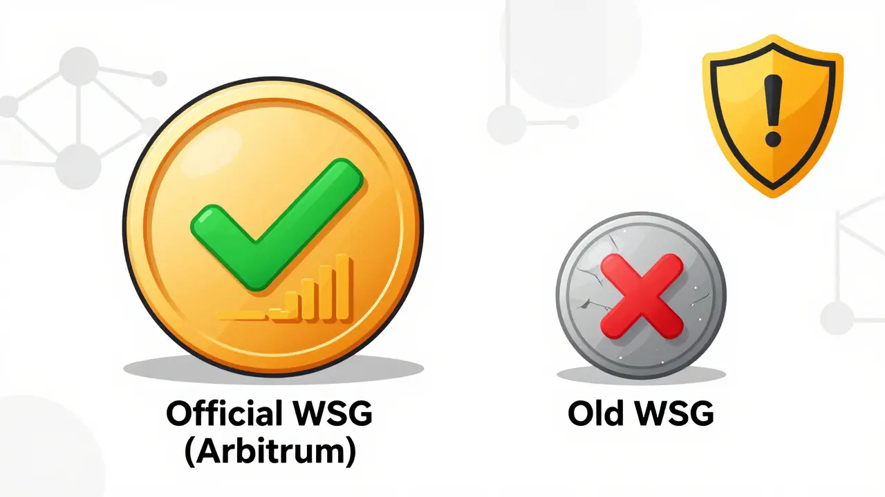 Side-by-side comparison of official WSG token versus obsolete old WSG token with clear warning symbols.