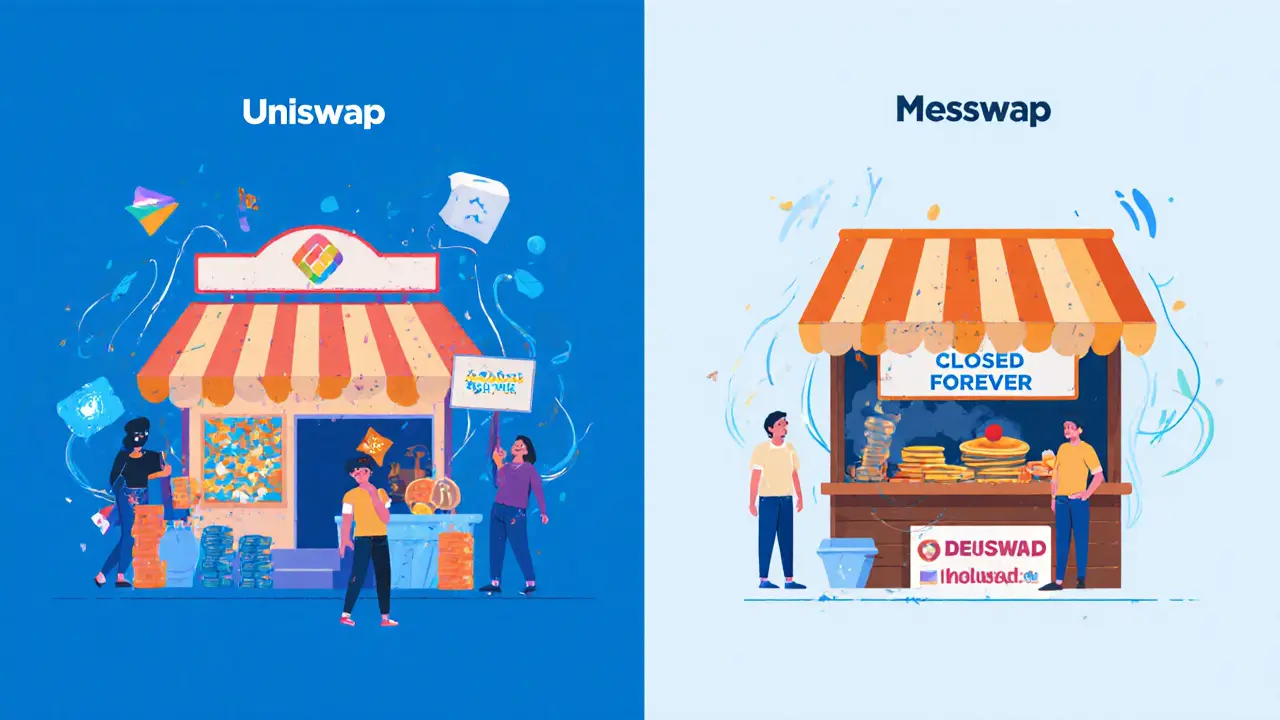 Vibrant DeFi exchanges bustling with activity while Meshswap sits closed and dusty in comparison.