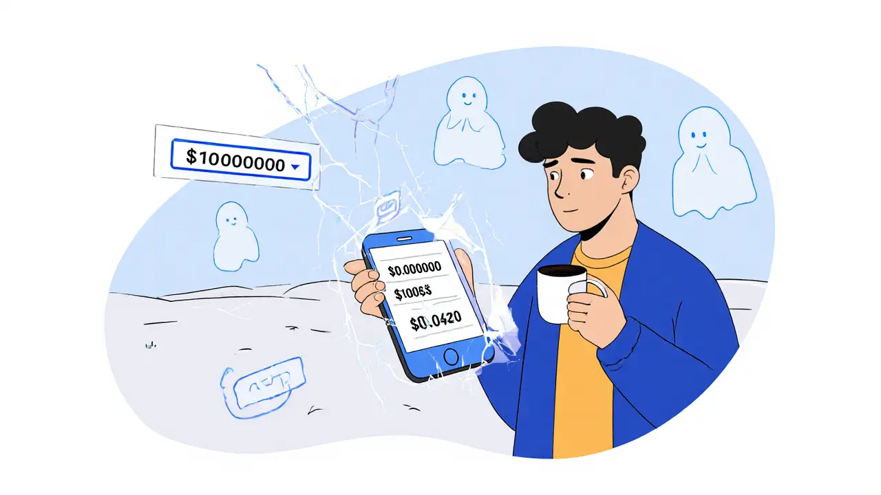 A confused person stares at a phone showing conflicting BOYS coin prices in an empty digital world.