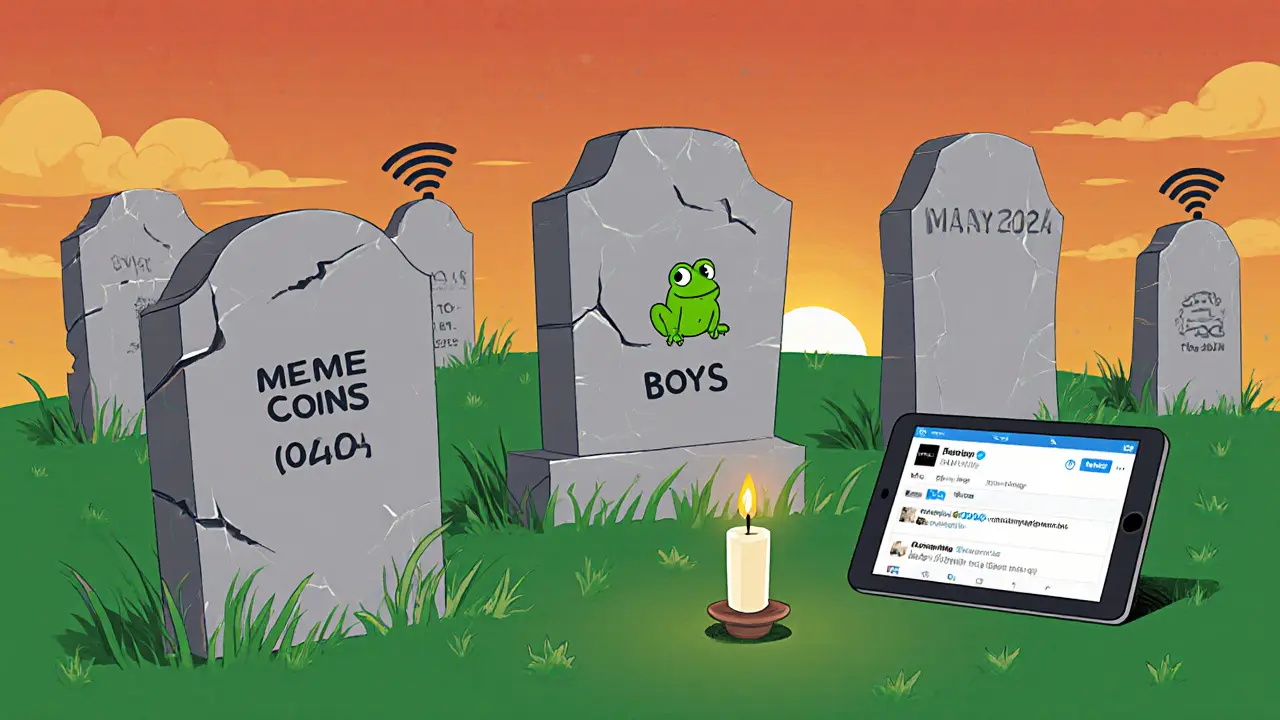 A digital graveyard with a tombstone for the BOYS meme coin under a fading sunset.