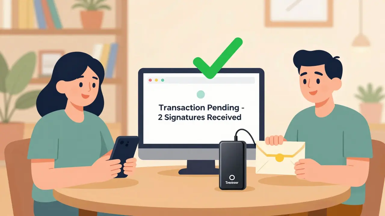 A family approving a crypto transaction with phone, hardware wallet, and paper backup.