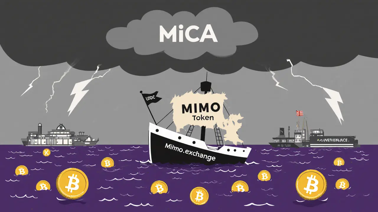 A ghost ship labeled Mimo.exchange sinking in a sea of crypto coins, while regulated exchanges shine in the distance.