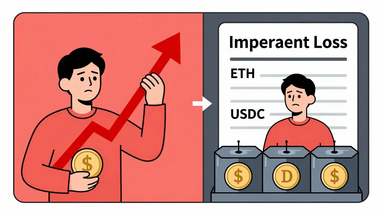A person comparing holding ETH vs. being in a liquidity pool, showing impermanent loss with visual contrast.