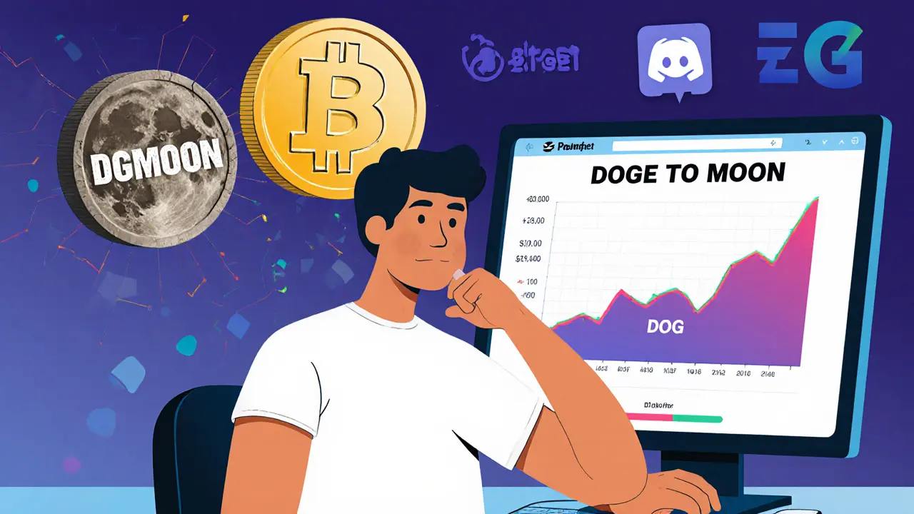 A trader confused between two similar crypto tokens labeled DGMOON and DOG.