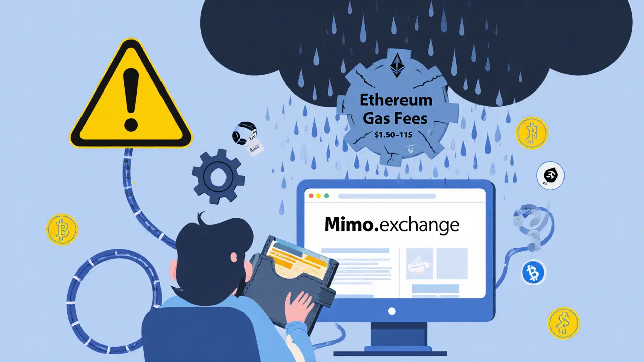 A user struggling to connect a wallet to a flickering Mimo.exchange screen, with high gas fees raining down.