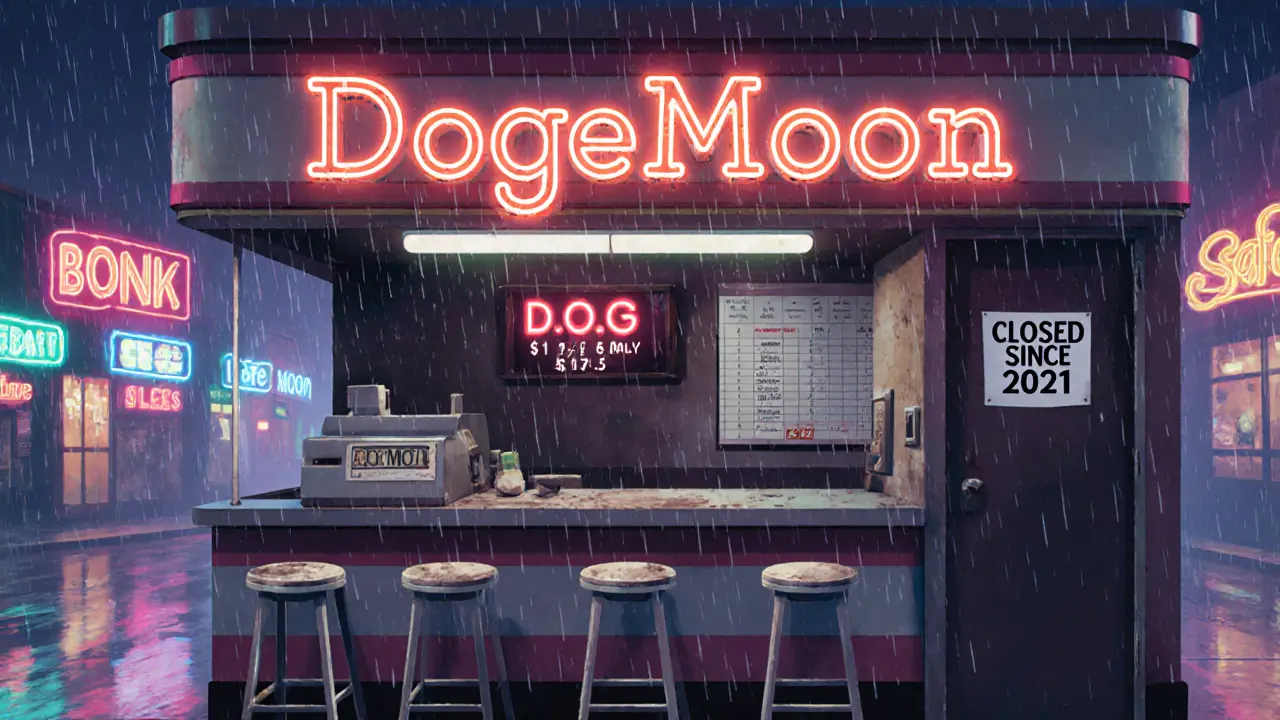 An abandoned diner with a DogeMoon neon sign, while a vibrant crypto street glows outside.