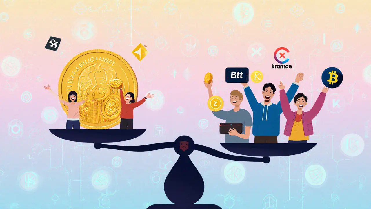 Digital scale balancing APENFT tokens against users holding TRON and BTT wallets with exchange logos as anchors.