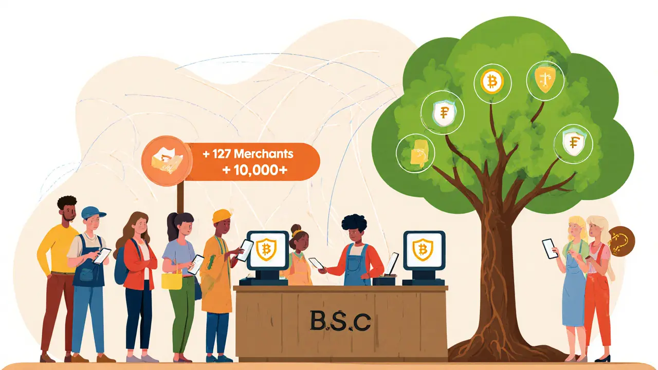 European merchants accepting PRI payments at a market, with a growing tree symbolizing merchant adoption.