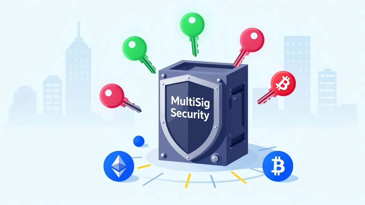 Five keys around a secured vault, three glowing green, in stylized flat illustration.