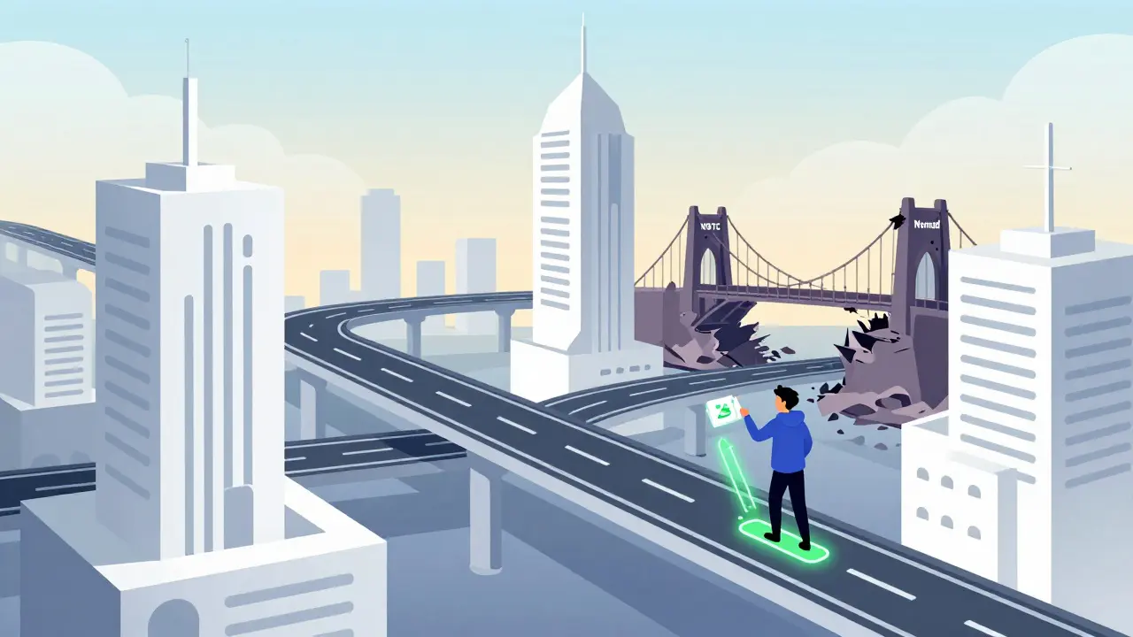 Futuristic blockchain city with seamless highways replacing old collapsing bridges, user sending data safely.