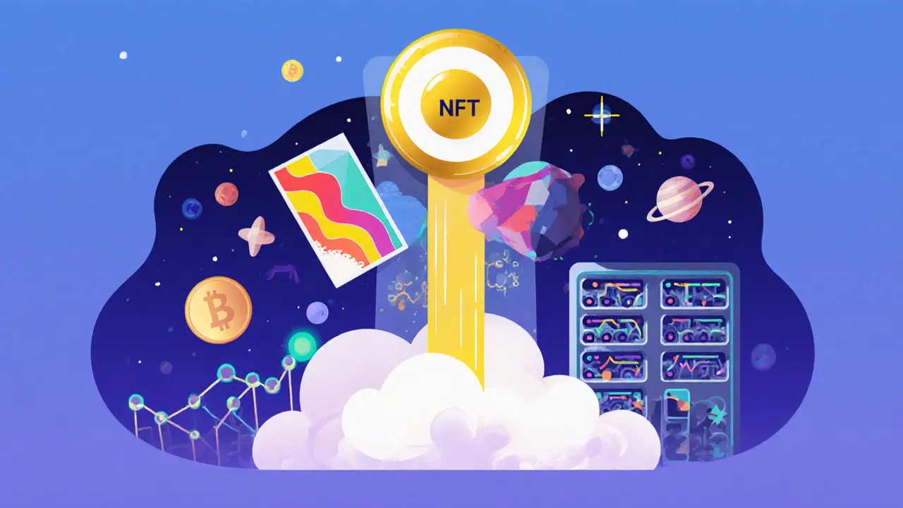 One-click NFT launchpad launching AI-generated art into space with decentralized storage nodes below.