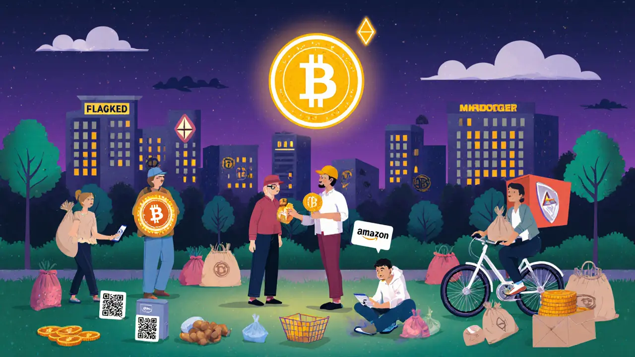 People trading Bitcoin for gift cards and groceries in a Moscow park