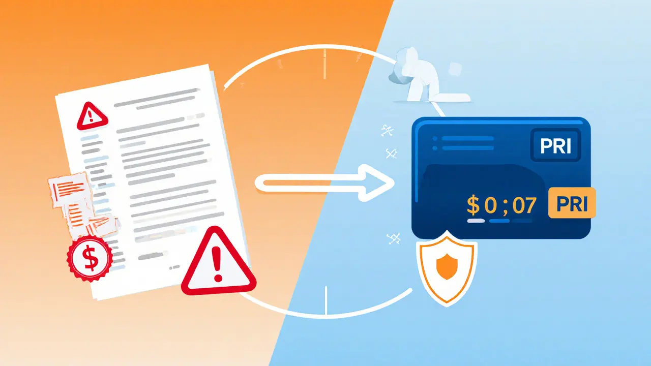 Side-by-side comparison: slow bank transfer vs fast, cheap PRI transaction with fee and timer icons.