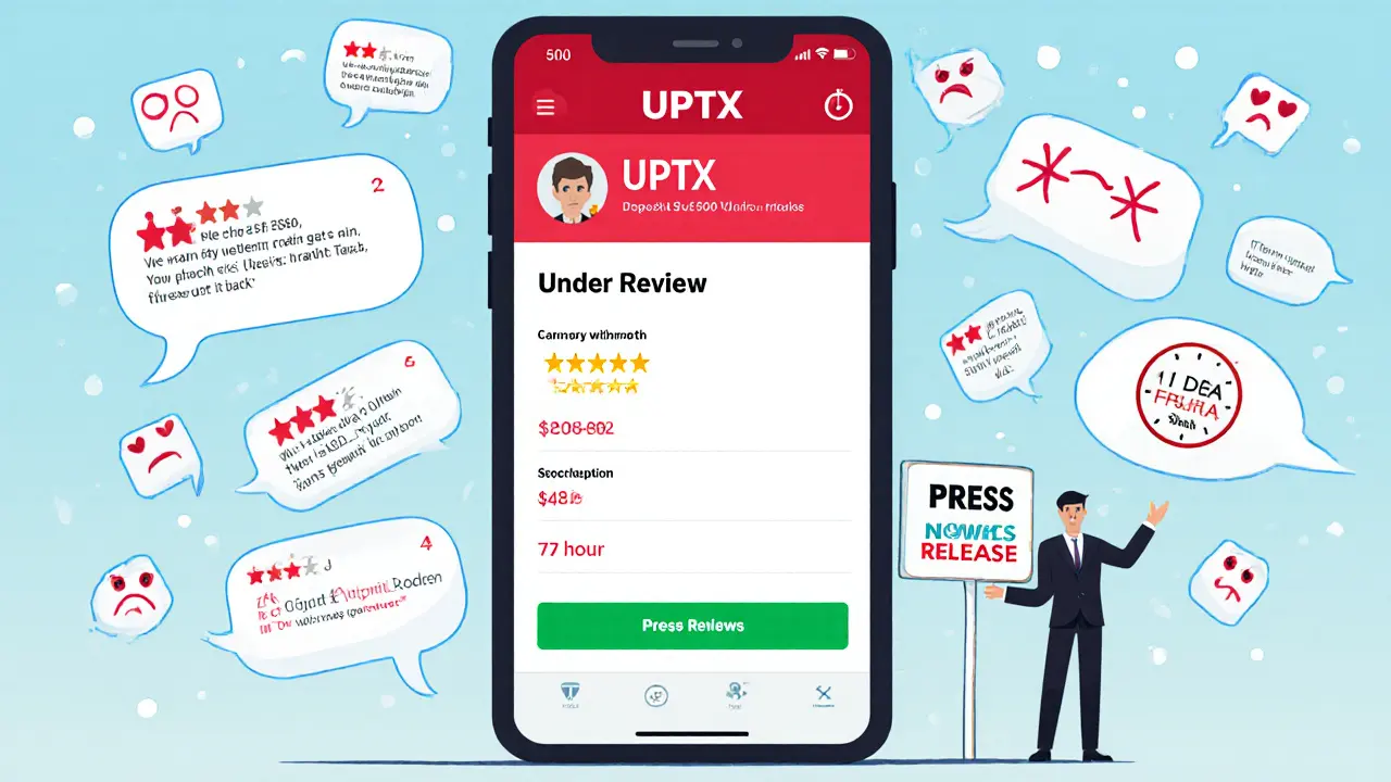 Smartphone showing UPTX app with &#039;Under Review&#039; message and floating negative reviews, withdrawal button locked and time ticking past 72 hours.
