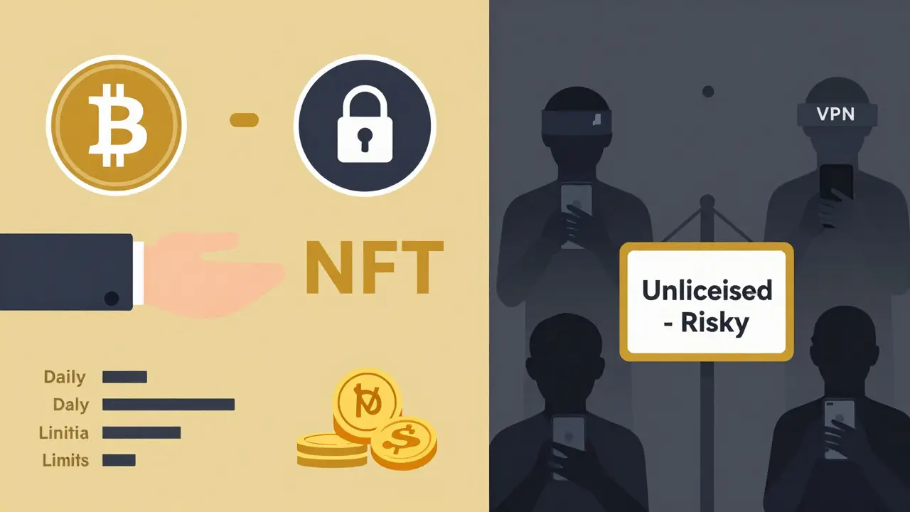 Split scene: regulated crypto trading on left, offshore VPN use on right with warning symbols.