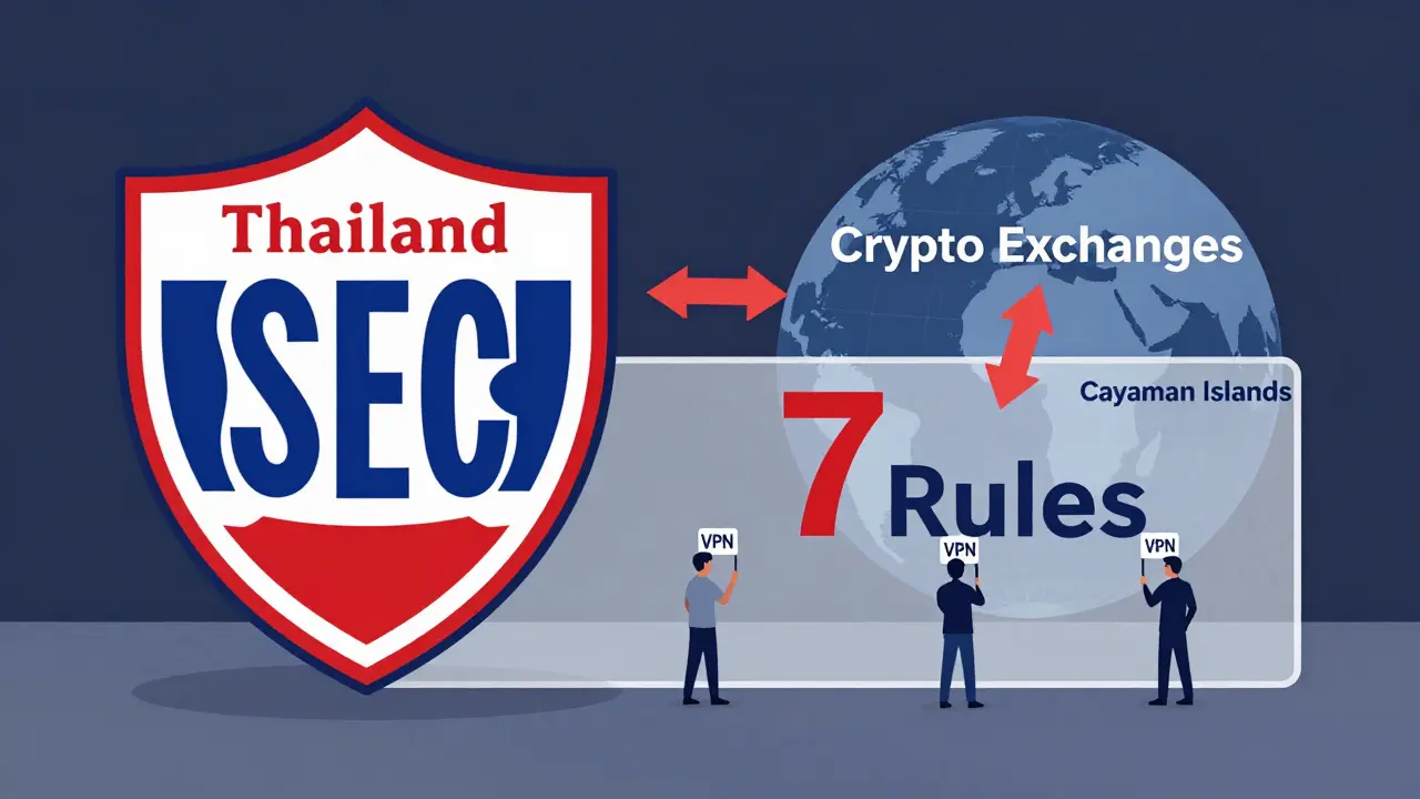 Thailand SEC shield blocking global crypto exchanges with seven compliance rules marked on a wall.