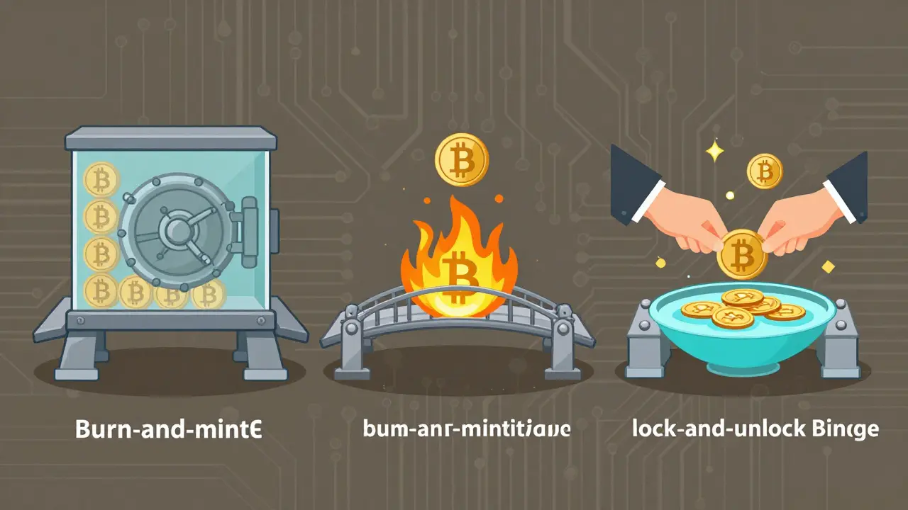 Three cartoon bridge types showing how assets move between blockchains: lock, burn, and liquidity pool methods.