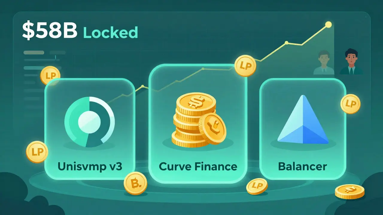Three types of DeFi liquidity pools displayed as icons with rewards, a rising value graph, and user avatars.