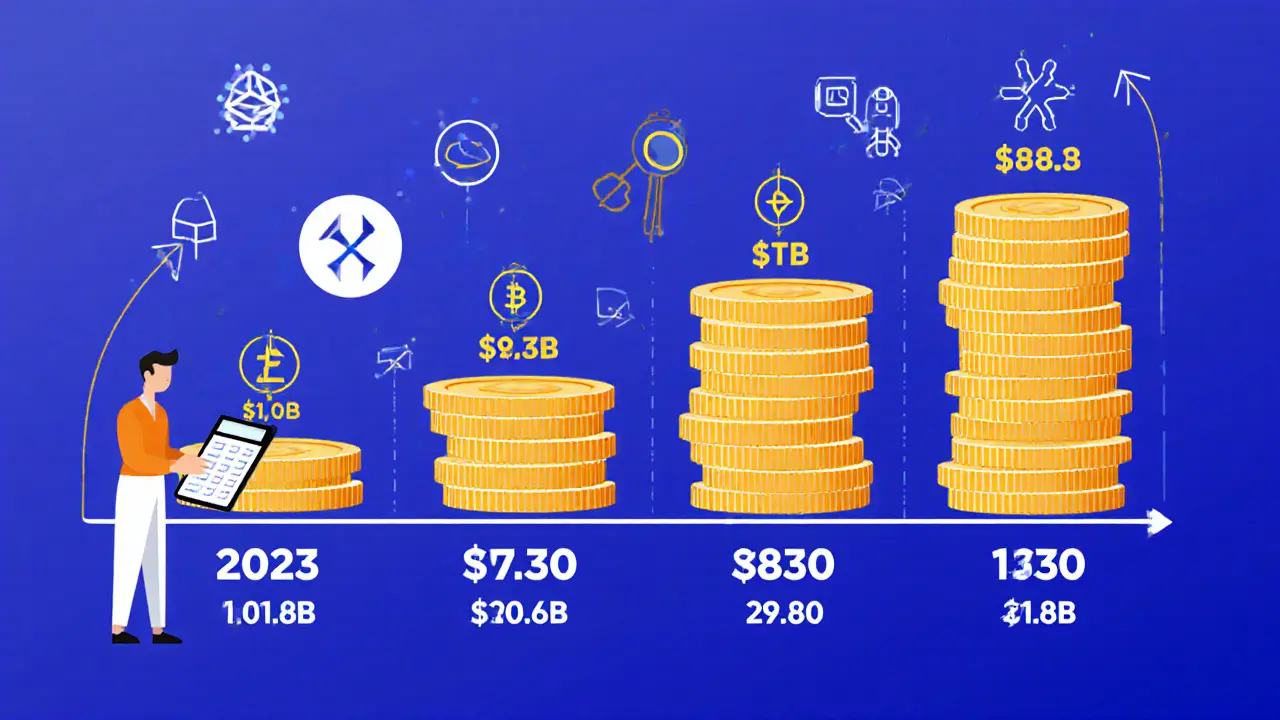 Timeline of growing staking market from B to B with calculator and AI icons in flat illustration