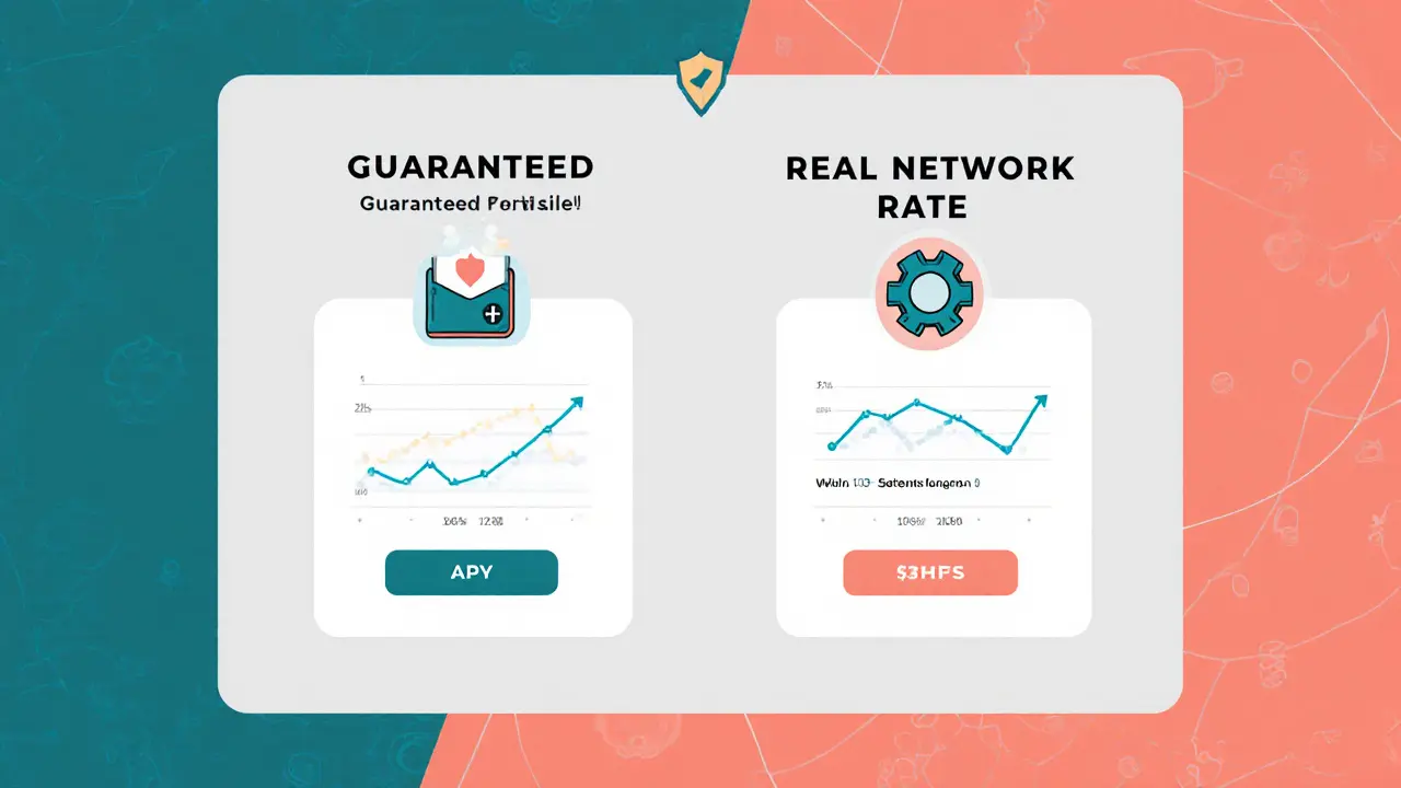 Two wallets comparing guaranteed vs real staking rates with APY and fee icons in flat style