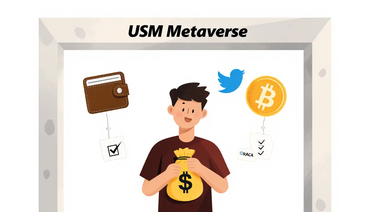 User at a portal with wallet, Twitter, and RACA token icons, illustrated in clean flat style.