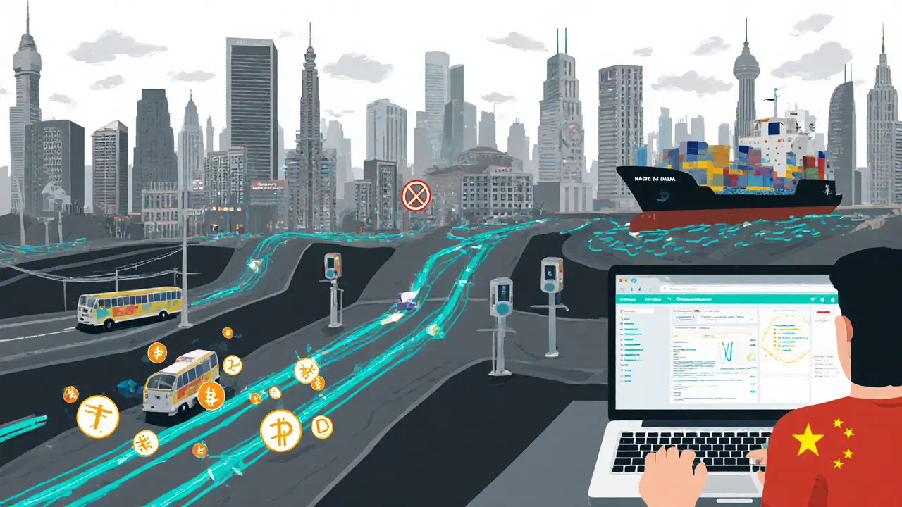 A city runs on digital yuan while crypto fades outside, with Chinese-made mining gear shipping away.